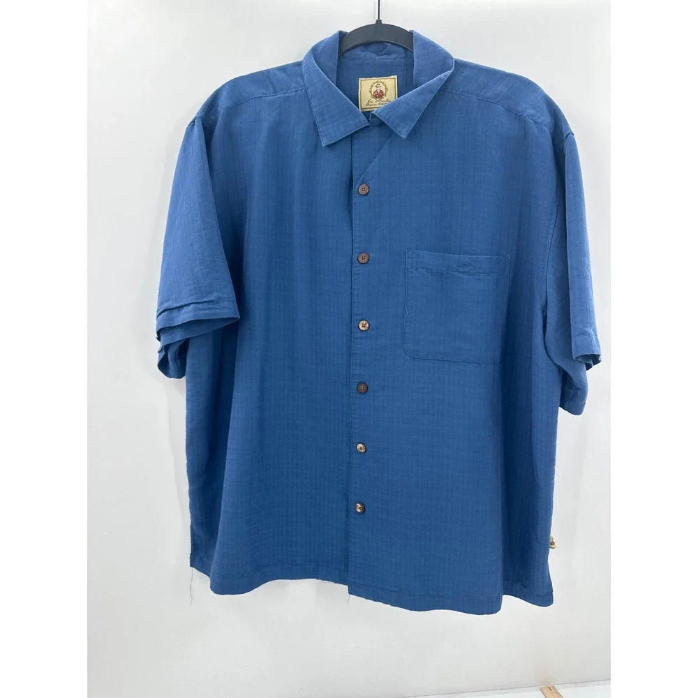 Joe Marlin Mens Blue Textured Short Sleeve Button Down Camp Shirt Size XL